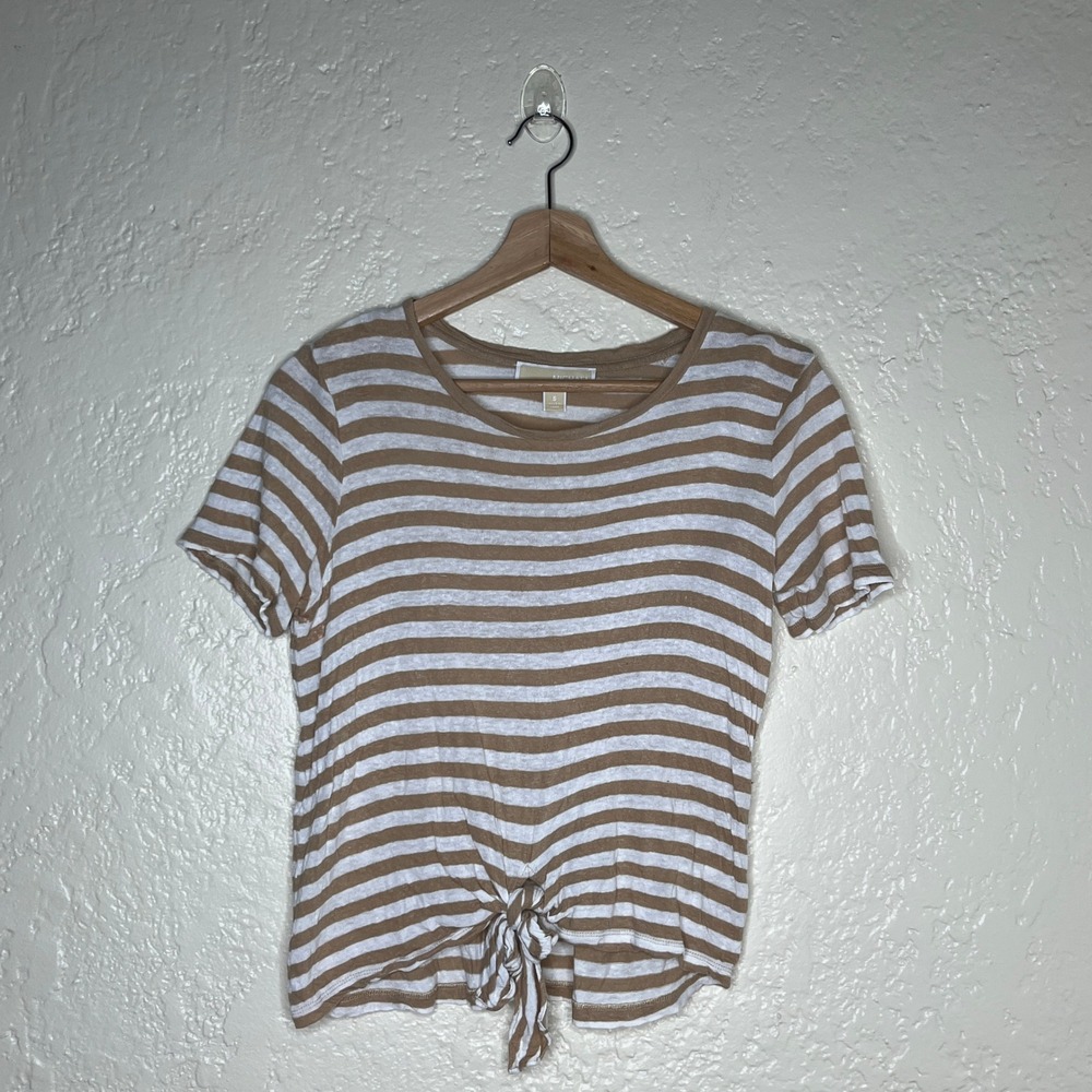 Michael Kors Tan White Striped Front Tie Knot Short Sleeve Top Linen Blend Small